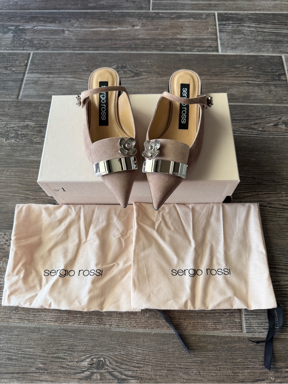 Sergio Rossi Scarpe Donna Taupe Suede Pointed-Toe Ballerina Flats
